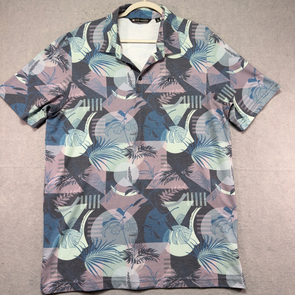 TravisMathew Mens XL Polo Shirt Tropical Palm Geometric Blue Purple Short Sleeve